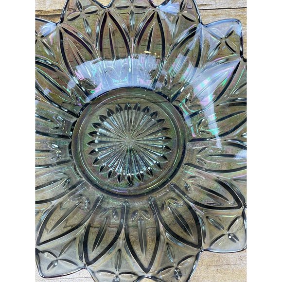 Vintage Federal Glass Smoke Iridescent Carnival Glass Serving Bowl Petals 10" - Picture 4 of 10